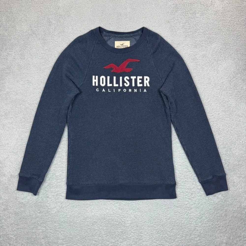 Vintage Y2K Hollister California Mens S Navy Blue Knit Logo Crewneck Sweatshirt